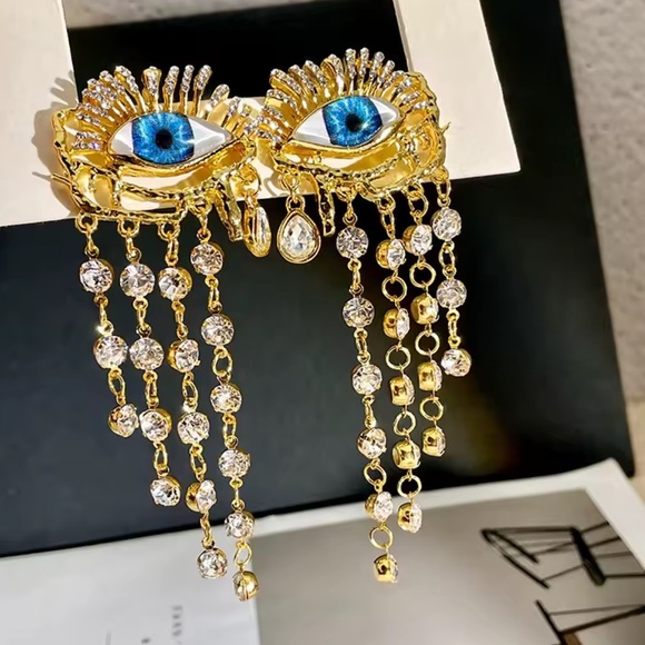 18K Gold plated evil Blue Eye Dangle Earrings - Picture 1 of 4